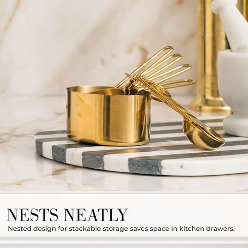 STYLED SETTINGS 8-Piece Gold Measuring Cups and Spoons Set, Stackable Brass Kitchen Accessories for Baking
