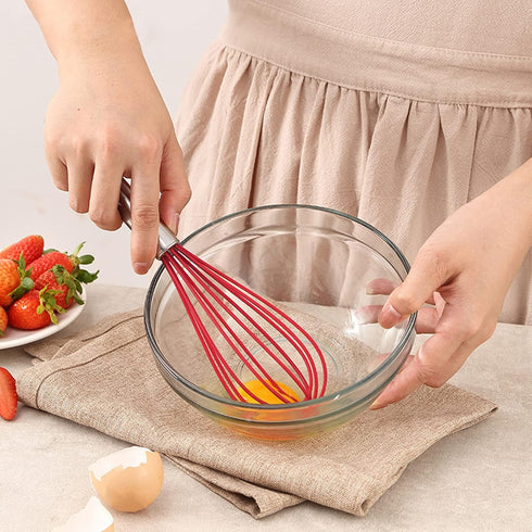 NileHome Commercial Stainless Steel Whisk Set, 3 Pack Small Whisks (8" 10" 12") with Silicone Non-Stick Coating (Red)