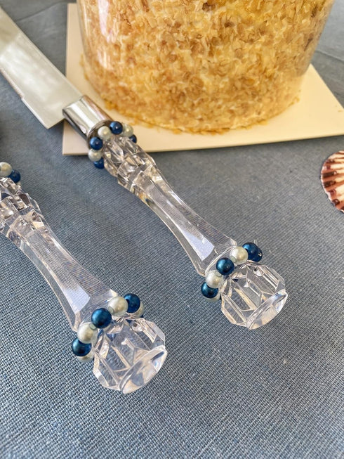 FISHBONE Stainless Steel Wedding Cake Knife and Server Set, Nautical Blue Rings Design for Special Occasions