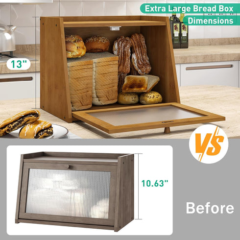 kiplant Counter, Large Bread Box for Kitchen Brown Bamboo Bread Storage Container with Wavy Arcylic Transparent Door