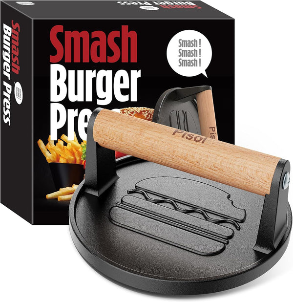 Pisol Smash Burger Press, Pre-Seasoned Cast Iron Hamburger Smasher, 2 lb Heavy-Duty