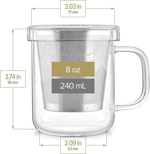 Teabloom Premium Borosilicate Glass Mug, 8 Ounces with Stainless Steel Loose Leaf Tea Infuser and Lid