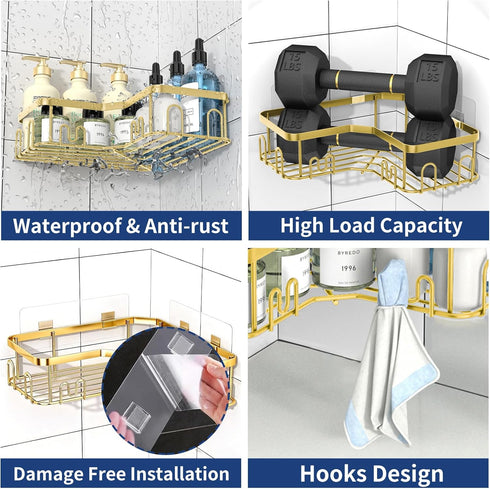 Menbyci 3 Pack 18 Corner Shower Caddy, Adhesive Bathroom Shelves with Hooks, Drill-Free & Quick-Dry Shower Organizer