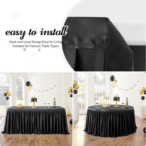 leegleri 132inch Black Polyester Table Skirt for 6ft/8ft Rectangle Tables, Wrinkle Resistant Pleated Ruffle Cloth