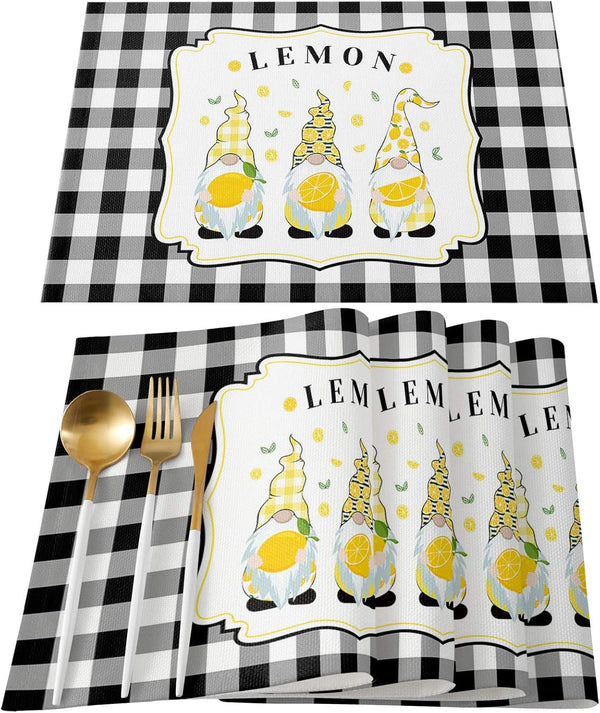 Victories Placemats for Dining Table - Summer Rural Lemon Gnomes Black White Buffalo Plaid, Set of 6