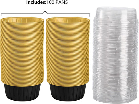 DEAYOU 100 Pieces Baking Cups with Lids, 3" Cupcake Tin Pan Holder for Pudding, Souffle, Party, Wedding - Black Gold