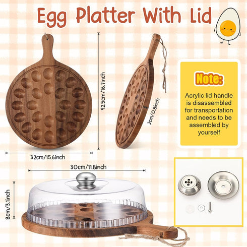 FillTouch 24 Countertop Easter Acacia Wood Deviled Egg Platter with Lid and Handles Holes Round Deviled Egg Tray Holder