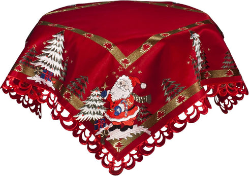 Embroidered Christmas Holiday Santa Claus and Christmas Trees Doily Table Topper, 33 Inches Square, Red