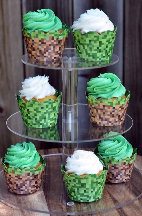 Pixel Grass Themed Cupcake Wrappers for Boys Birthday Parties, Set of 24 Reversible Engineer Builder Grass and Green