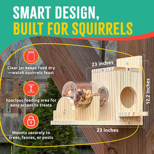 SparkJump Squirrel Feeder Kit - Sustainable FSC Wood, Easy Mounting and Assembly, Kid-Safe Mason Jar, Perfect