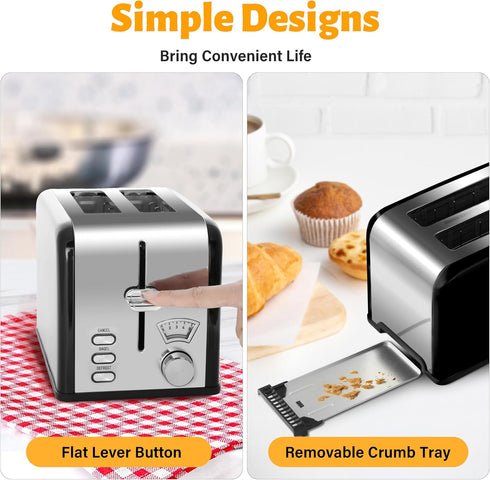 HealSmart 2 Slice Stainless Steel Toaster with Extra Wide Slot, 5 Shade Options, Bagel/Defrost/Cancel Functions, Black