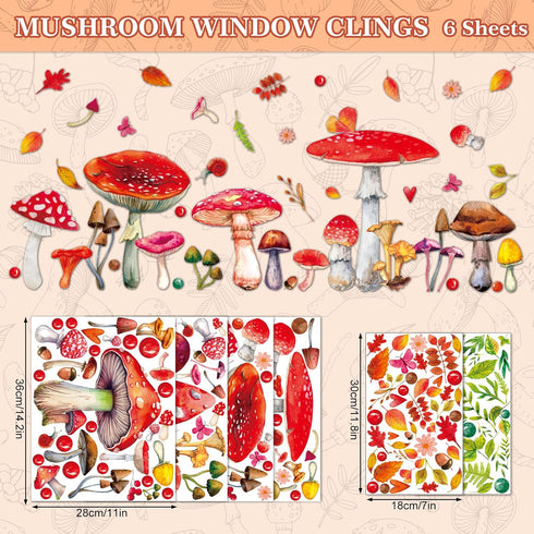 Whaline 6 Sheets Mushroom Window Clings, Watercolor Botanical Design Double-Sided Decals for Home Office