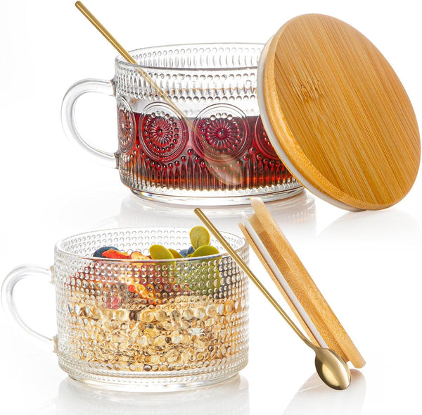 Semderm Vintage Glass Coffee Mugs Set of 2, Overnight Oats Containers with Bamboo