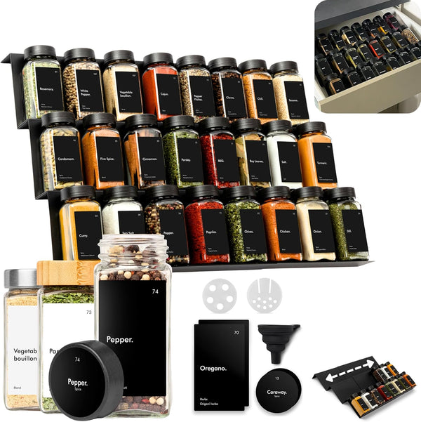 KIVY Spice Drawer Organizer with 24 Spice Jars & 240 Labels -