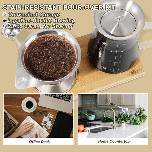 Set 28 oz Set Aquach Pour Over Coffee Maker with Extra Large Coffee Dripper, Glass Carafe, Stainlesss Steel Coffee