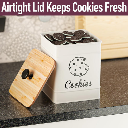 Large Cookie Jar with Airtight Bamboo Lid: 6"W x 6"D x 8"H White Iron Cookie Tin, Farmhouse Decorative Kitchen Counter