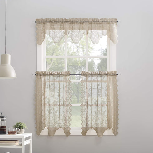 No. 918 Alison-Tr Floral Lace Sheer Rod Pocket Kitchen Curtain - Tier Pair, 58" x 36", Stone