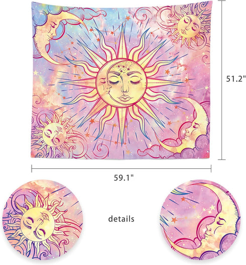 Ohjijinn Pastel Pink Burning Sun Tapestry - Mystic Celestial Sun and Moon with Stars - Psychedelic Tie Dye Wall Hanging