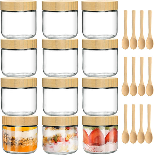 TBWIND 12 Pack 10oz Glass Jars with Bamboo Lids, Spoons, Airtight Overnight