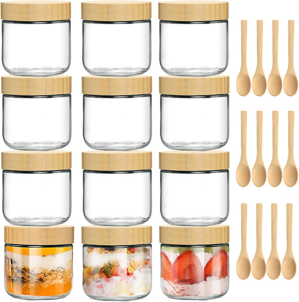 TBWIND 12 Pack 10oz Glass Jars with Bamboo Lids, Spoons, Airtight Overnight