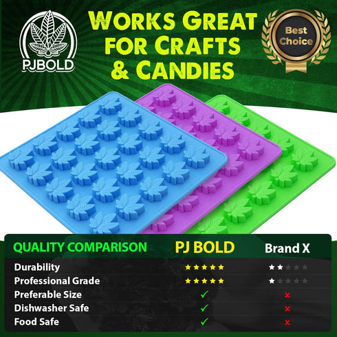 PJ BOLD Marijuana Leaf Gummy Molds Silicone Candy Mold Kit - 3 Pack