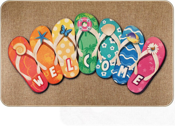Summer Flip Flop Door Mat, Non-Slip Rubber Welcome Doormat for Indoor Outdoor Floor, 27.5 x 16.5 Inch