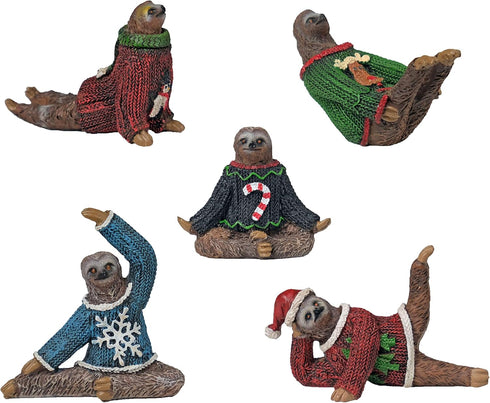 Yoga Sloth Figurines in Ugly Christmas Sweaters, 3" Polyresin Mini Statue for Home Decoration