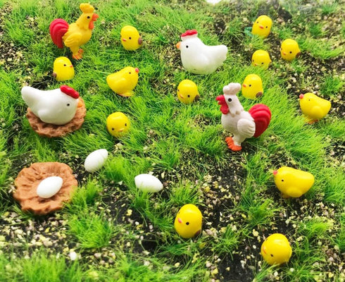 DoTebpa 44 Pcs Miniature Family Chicken, Cock, Hen, Egg, Chicken Nest Ornament Micro Landscape Fairy Garden Dcor