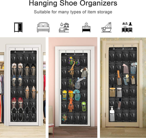 Over The Door Shoe Organizer - Space Saving Shoe Rack with 24 Pockets and Hook, Hanging Shoe Holder (Black)