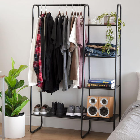 IRIS USA Clothes Rack with 4 Metal Shelves, Freestanding Clothing Racks for Easy Assembly and Storage