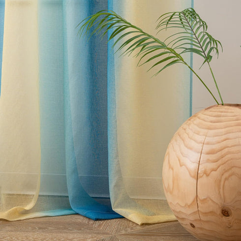 Yancorp Sheer Curtain Semi Bedroom Curtains, 63 inches Length Linen Blue Beige Ombre Rod Pocket Drapes for Kids Window