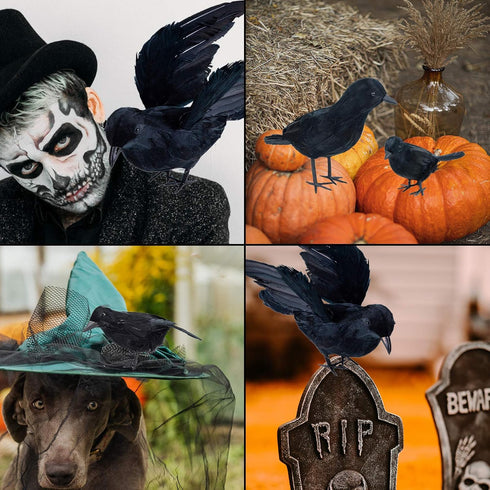 3-Pack Realistic Handmade Black Feathered Crow Prop for Halloween Party Decoration, Indoor and Outdoor Use