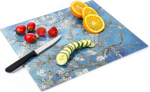 Tempered Glass Cutting Board, Van Gogh Design Green Flower, Large Heat Resistant, Dishwasher Safe 12x14 inch