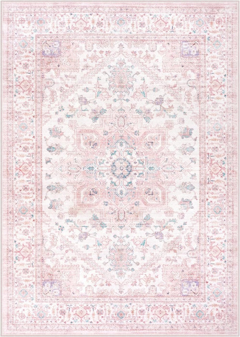 5x7 LIVEBOX Pink Washable Area Rug - Large Vintage Tribal Living Room Non-Slip Indoor Carpet for Bedroom, Low-Pile