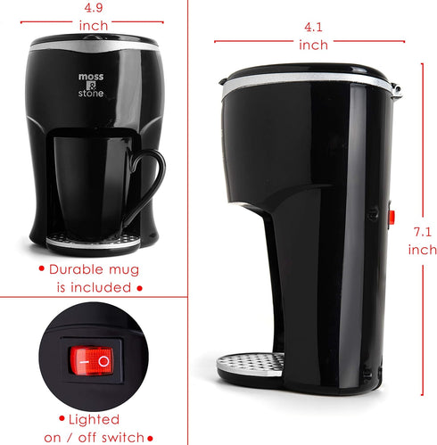 Moss & Stone Mini Drip Coffee Maker with Mug, Small Coffee Pot with 4oz Cup, One Cup Coffee Maker