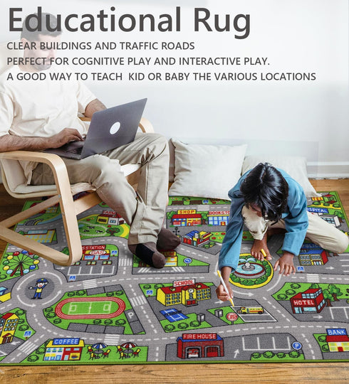 3'3" 5'2" Kids Rug x City Life Playmat Area Rug Car City Map Washable Traffic Road Educational Learning Nursery Rug
