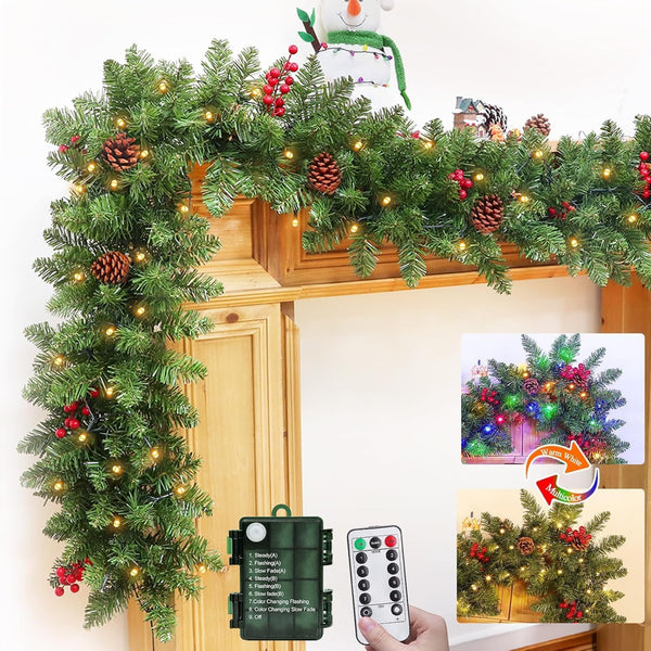 TURNMEON Dual Color Change 9 Ft Prelit Christmas Garland Remote Control Warm