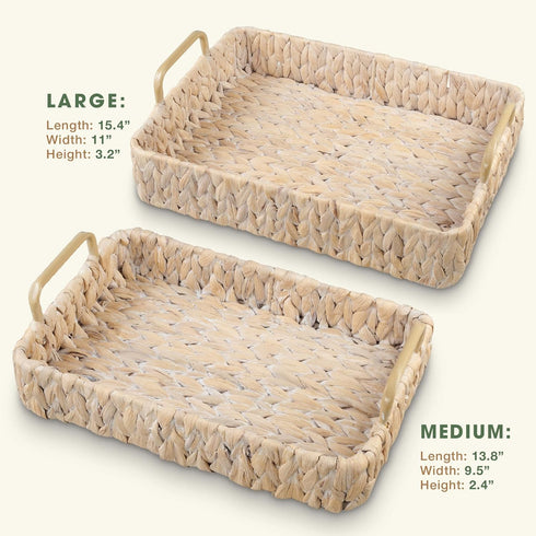 Set 2 of Rectangular Wicker Trays with Handles - Decorative Trays for Coffee Table, Ottoman, Dining Room, Living Room