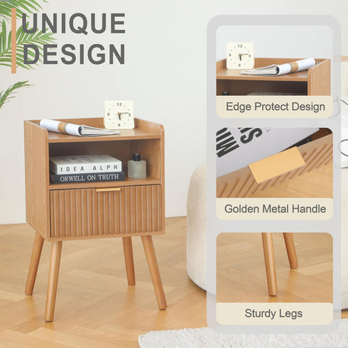 AWASEN Fluted Nightstand, Mid Century Modern Bedside Table with Storage Drawers, Wood Night Stand Bed Side Table