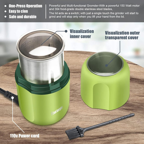 COOL KNIGHT Electric Herb Grinder, Large Capacity Spice Coffee Grinder with Pollen Catcher - 7.5" (Green)