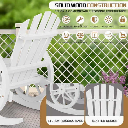 Country Outvita Adirondack Rocking Chair, Wood Wagon Rocker, Outdoor Wooden Carbonized Lounge Chairs with Wheel Armrest