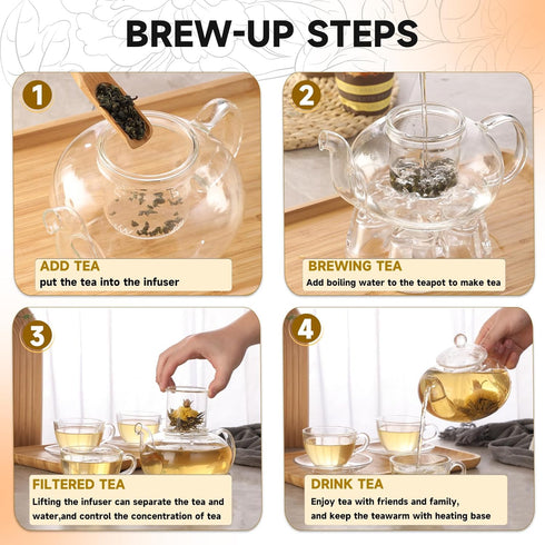 Set, 40OZ/1200ml Set 4, Set Glass Teapot Stovetop Safe Glass Tea Kettle with Removable Infuser & Tea Warmer, Tea Cups