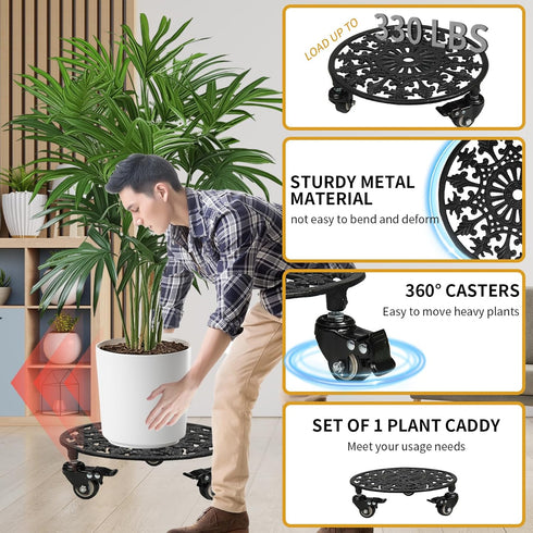 GARGENTOL 1 Pack 11 Inch Rolling Plant Stand with Wheels, Heavy Duty Metal Plant Caddy Wrought Iron Plant Dolly Outdoor
