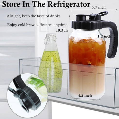 Cold Brew Coffee Maker Pitcher, 2 Quart Glass Mason Jar with Spout Lid Filter, Heavy Duty Handle, Airtight & Leak-Proof