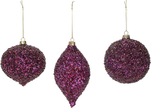 Beaded Purple Plum Glittered Ball Finial - 6 inch Glass Decorative Hanging Christmas Ornament Set