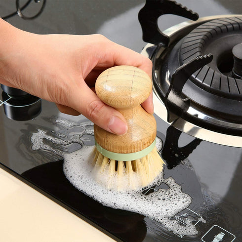 4 Pieces Bamboo Dish Scrub Brush, Wooden Round Scrubbers, Stiff Bristles for Wash Dishes, Kitchen