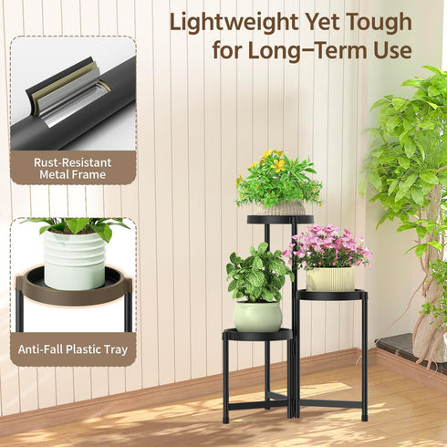 3 LASZOLA Tiered Plant Stand Indoor Outdoor with Plastic Tray, Corner Folding Tall Flower Display Rack, Modern Plant