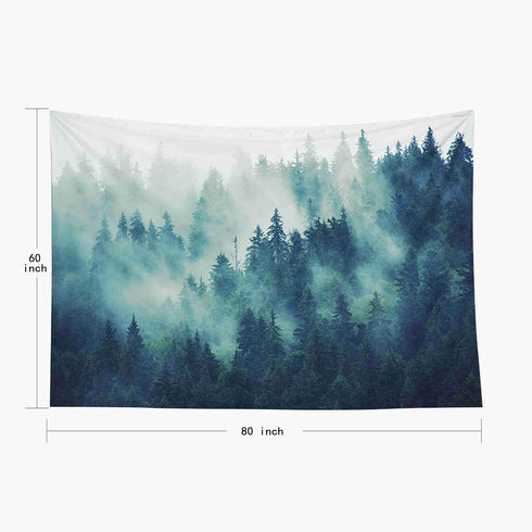 EMMTEEY Misty Forest Tapestry, Nature Scenic Mountain Tapestry, Green Tree Landscape Foggy Fir Pine Forest 80x60 Inches
