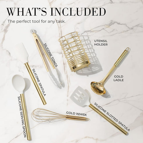 Set 7-Piece White Silicone and Gold Cooking Utensils with Gold Utensil Holder - Silicone Cooking Tools - Ideal