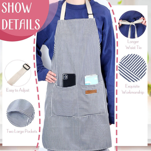 12 Handepo Pcs Cotton Aprons for Women Men with Pockets Soft Adjustable Bib Stripe Aprons for Cooking Kitchen Chef